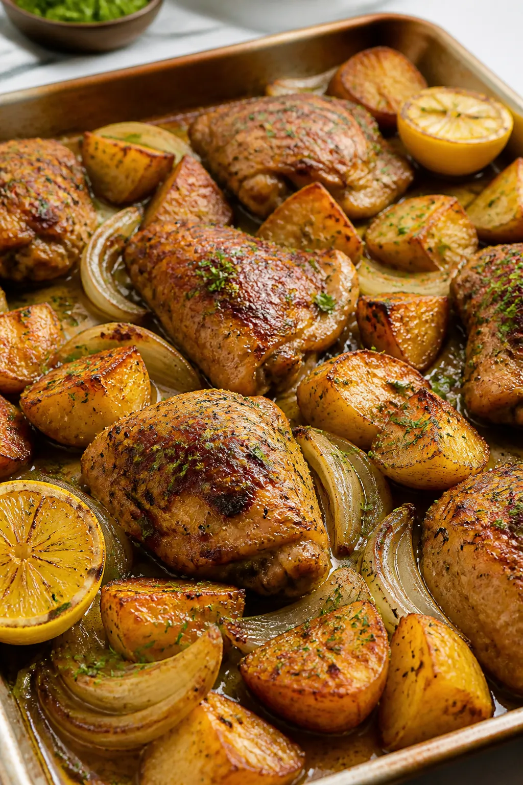 Cooking process action: Sheet pan just out of the oven at 425°F, chicken at perfect doneness (165°
