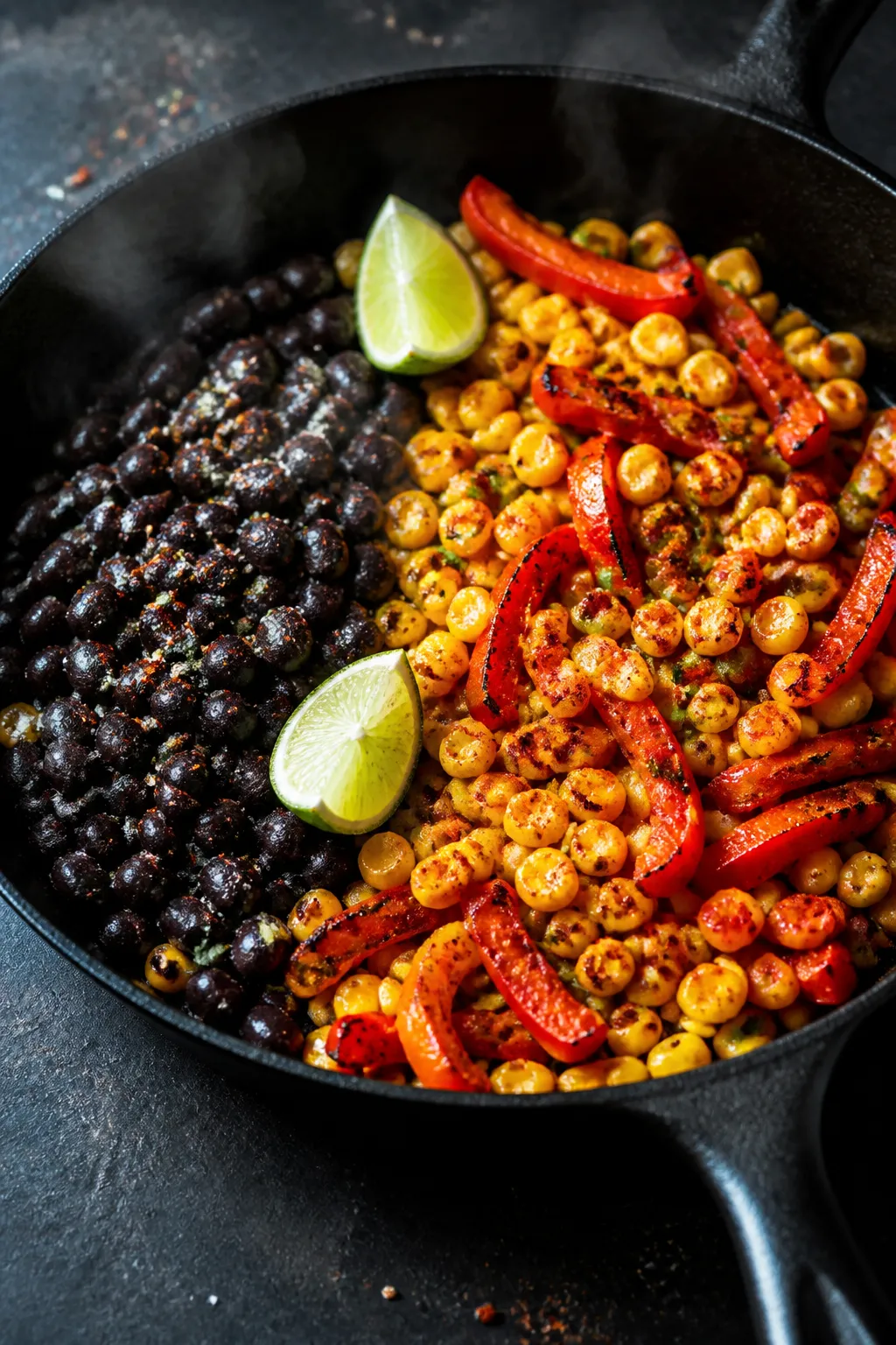 Cooking process: Action shot of the skillet phase showing veggies and beans finishing. In a cast-iro