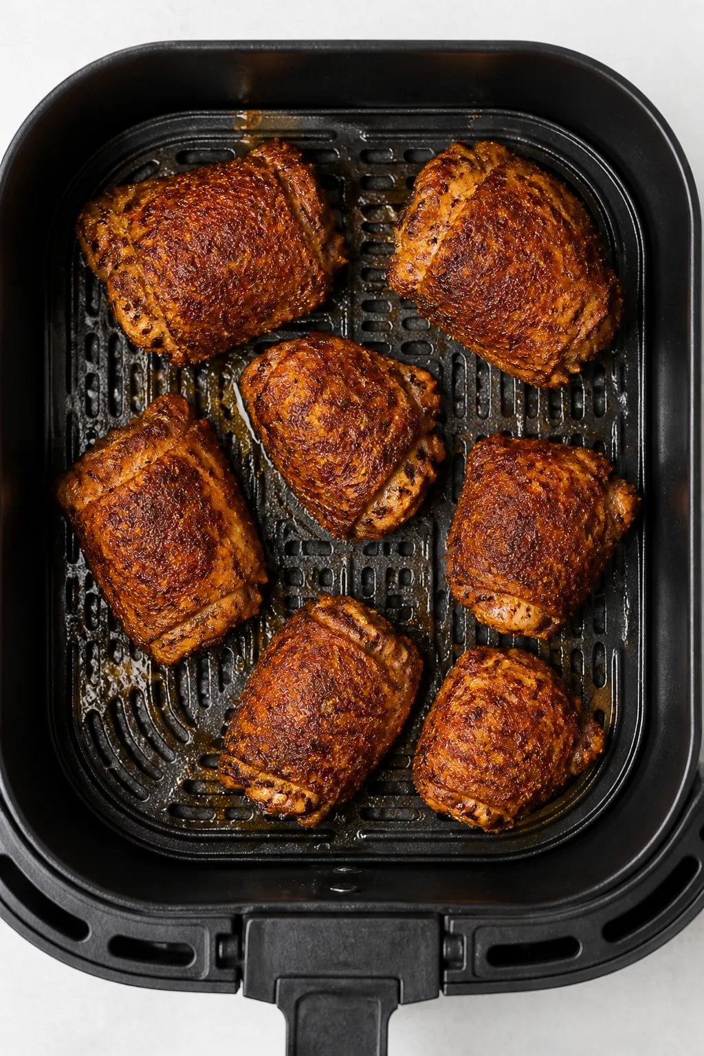 Cooking process: Air fryer basket at 400°F with chicken thighs arranged skin-side down in a single