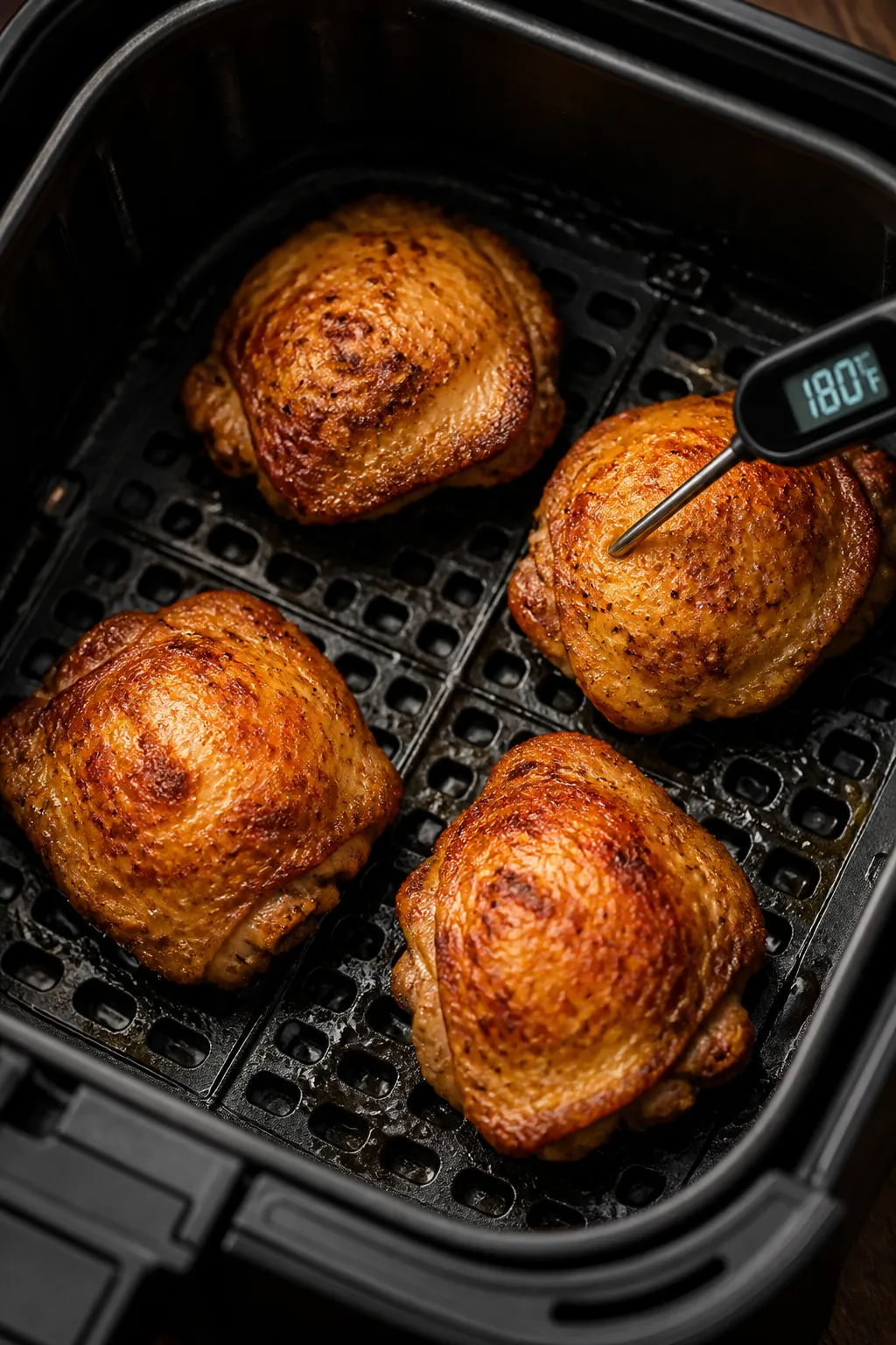 Cooking process: Air fryer basket shot at the flip stage—golden-brown chicken thighs just turned s