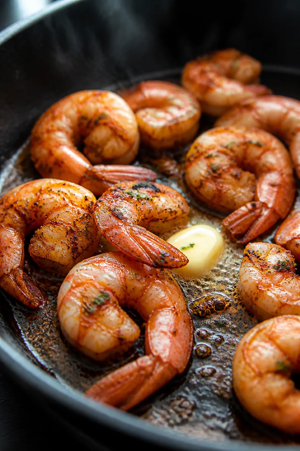 Cooking process — Cajun shrimp searing in a hot cast-iron skillet: close-up of just-cooked shrimp 