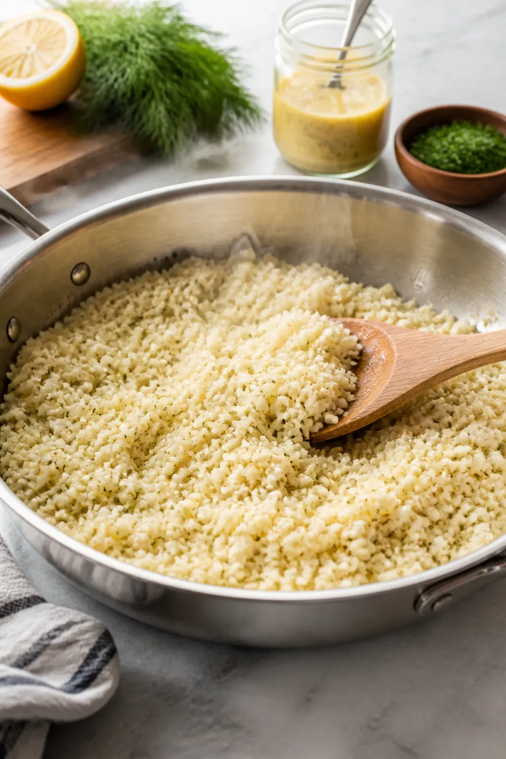 Cooking process: Cauliflower rice sautéing in a wide stainless skillet, tender but not mushy, indiv