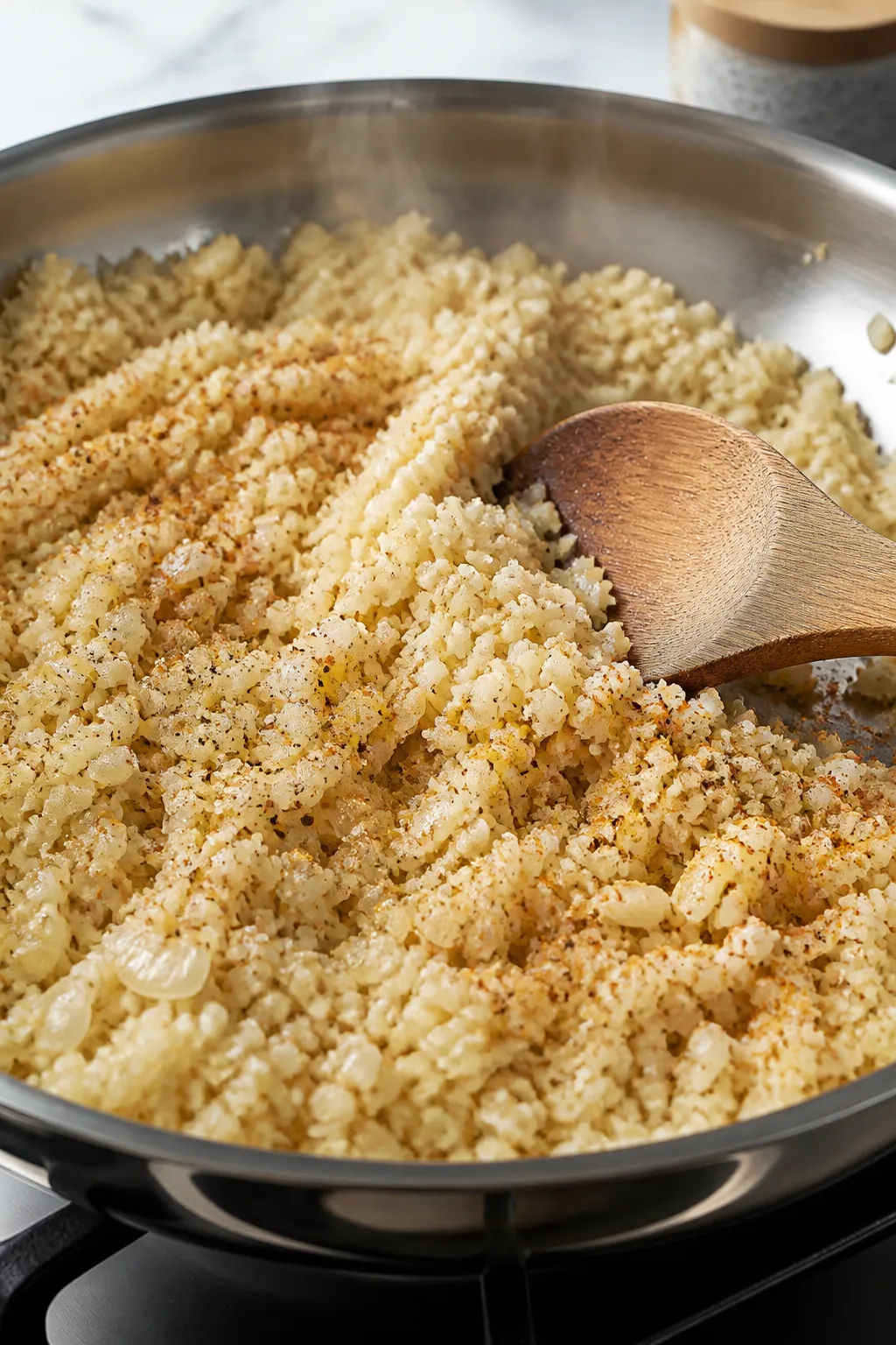 Cooking process: Cauliflower rice sautéing with softened diced onion and garlic in a wide stainless