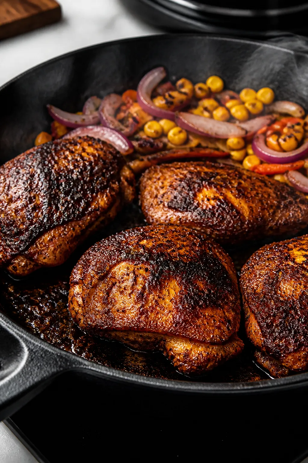 Cooking process — chipotle chicken sear: Juicy marinated chicken thighs sizzling in a cast-iron sk