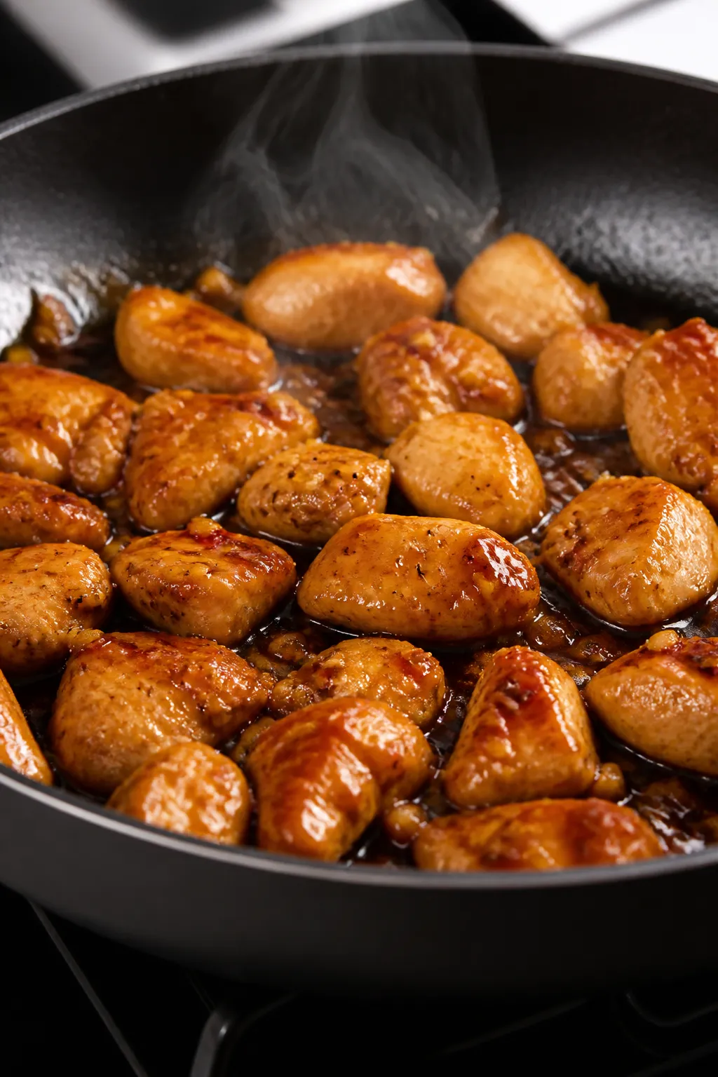 Cooking process, close-up: Bite-size chicken breast pieces searing in a large skillet over medium-hi