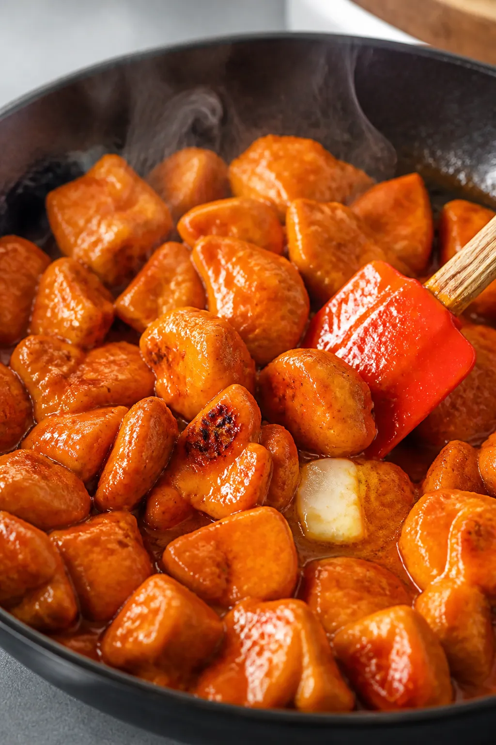 Cooking process close-up: Bite-size chicken pieces just tossed in glossy buffalo sauce in a skillet,