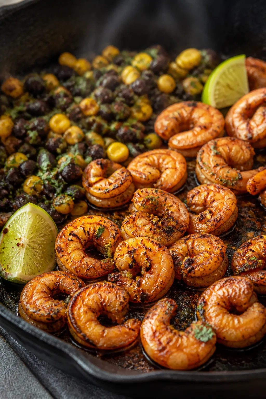 Cooking process close-up: Chili-cumin shrimp searing in a hot skillet, golden edges just forming on 