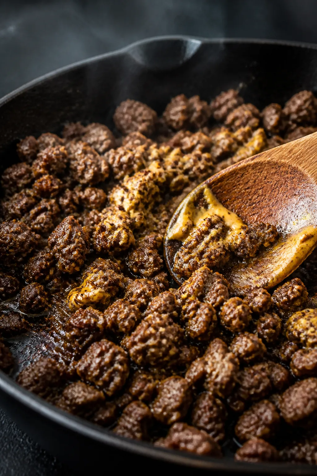 Cooking process close-up: Crumbled ground beef sizzling in a cast-iron skillet, browned with crisp e