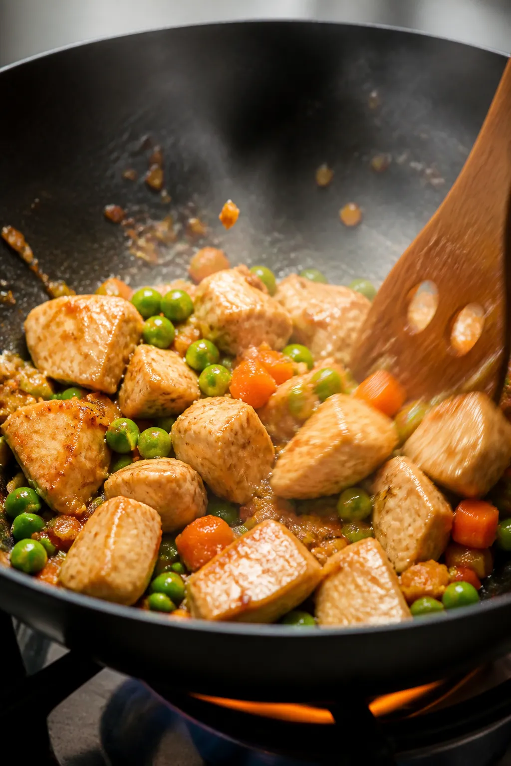 Cooking process, close-up: Cubed chicken breast searing in a sizzling nonstick wok, lightly browned 