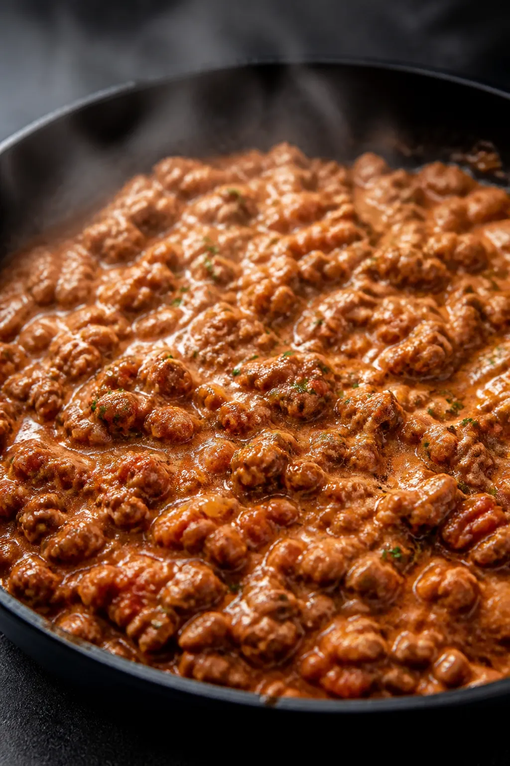 Cooking process, close-up detail: Close-up of browned lean ground beef crumbles simmering with diced