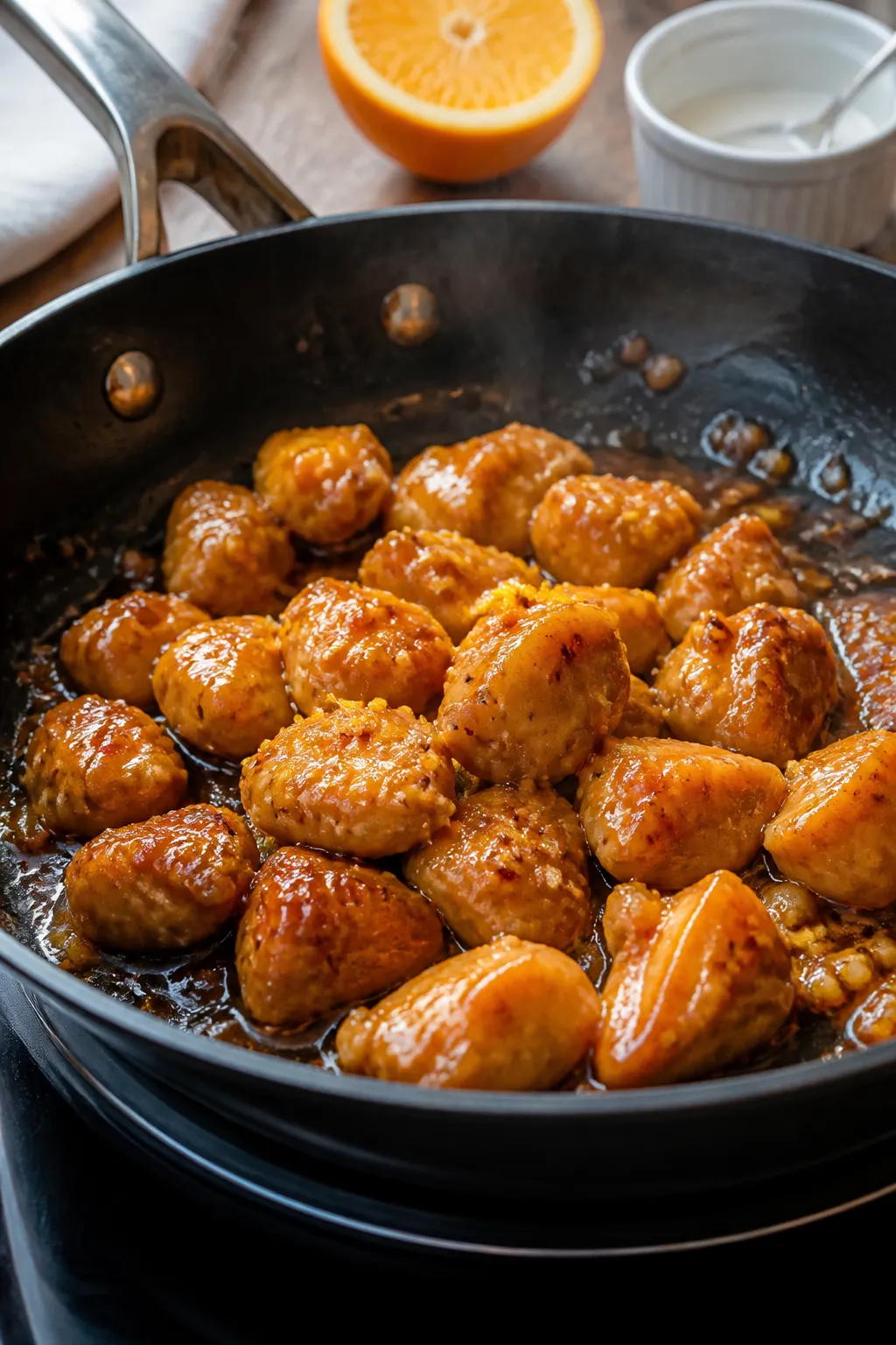 Cooking process, close-up detail: Glazed orange chicken bites sizzling in a nonstick skillet, medium