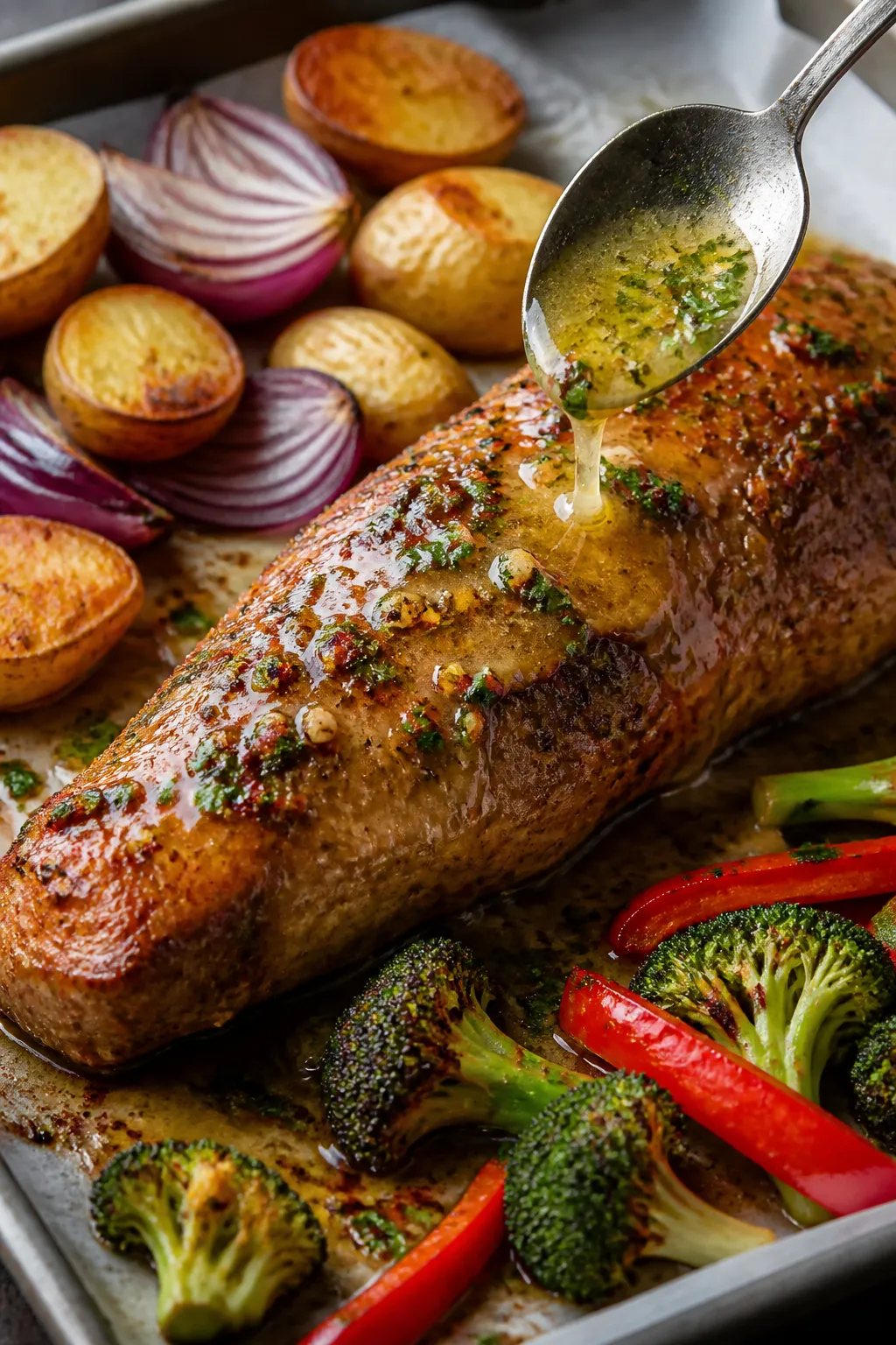 Cooking process, close-up detail: Golden-browned pork tenderloin on a sheet pan at the 10-minute mar