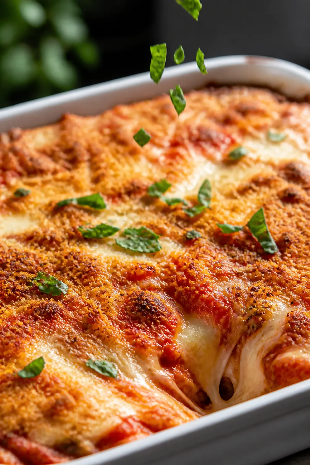 Cooking process, close-up detail: Golden-bubbling Chicken Parmesan Casserole just out of the oven at