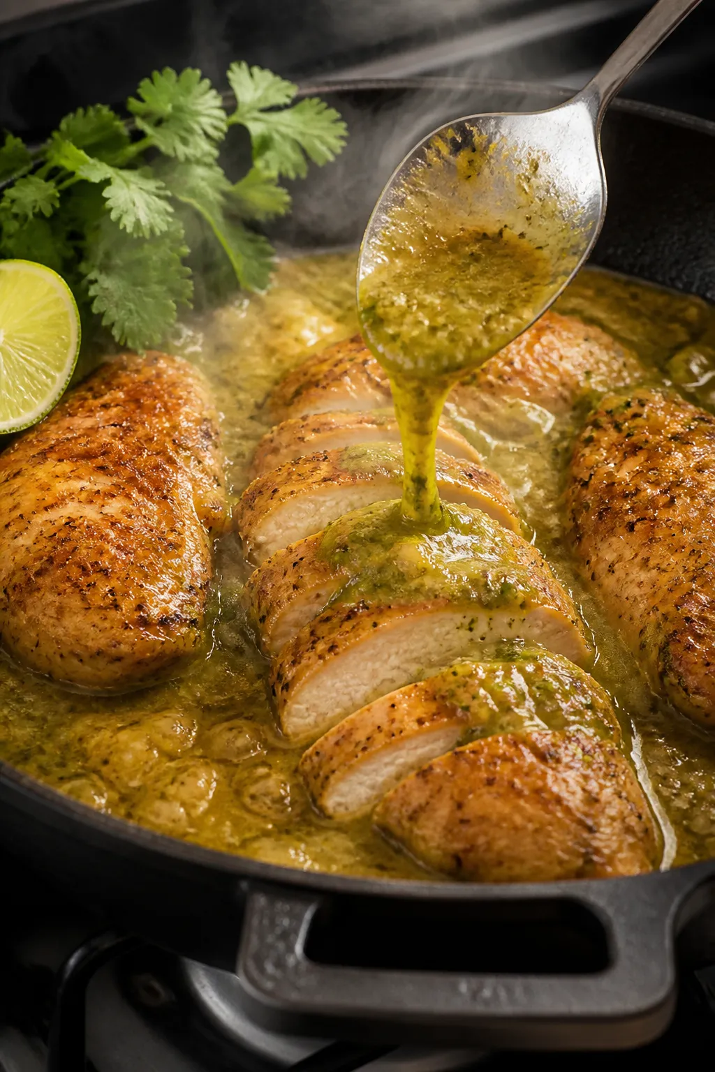 Cooking process, close-up detail: Golden-seared chicken breasts simmering in a skillet of bubbling t