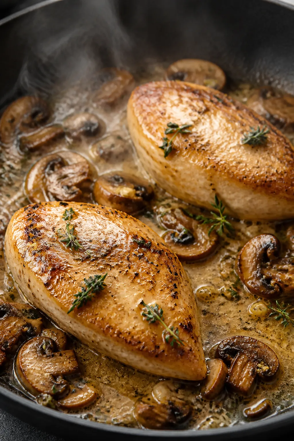 Cooking process, close-up detail: Golden-seared chicken breasts in a large skillet with visible brow