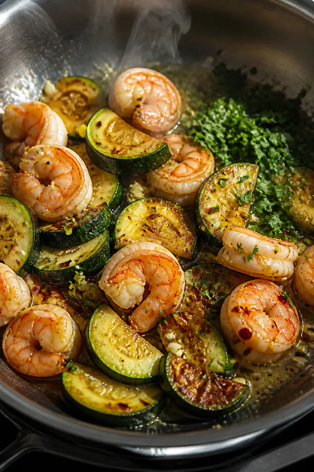 Cooking process, close-up detail: Golden-seared zucchini half-moons and just-cooked pink shrimp sizz