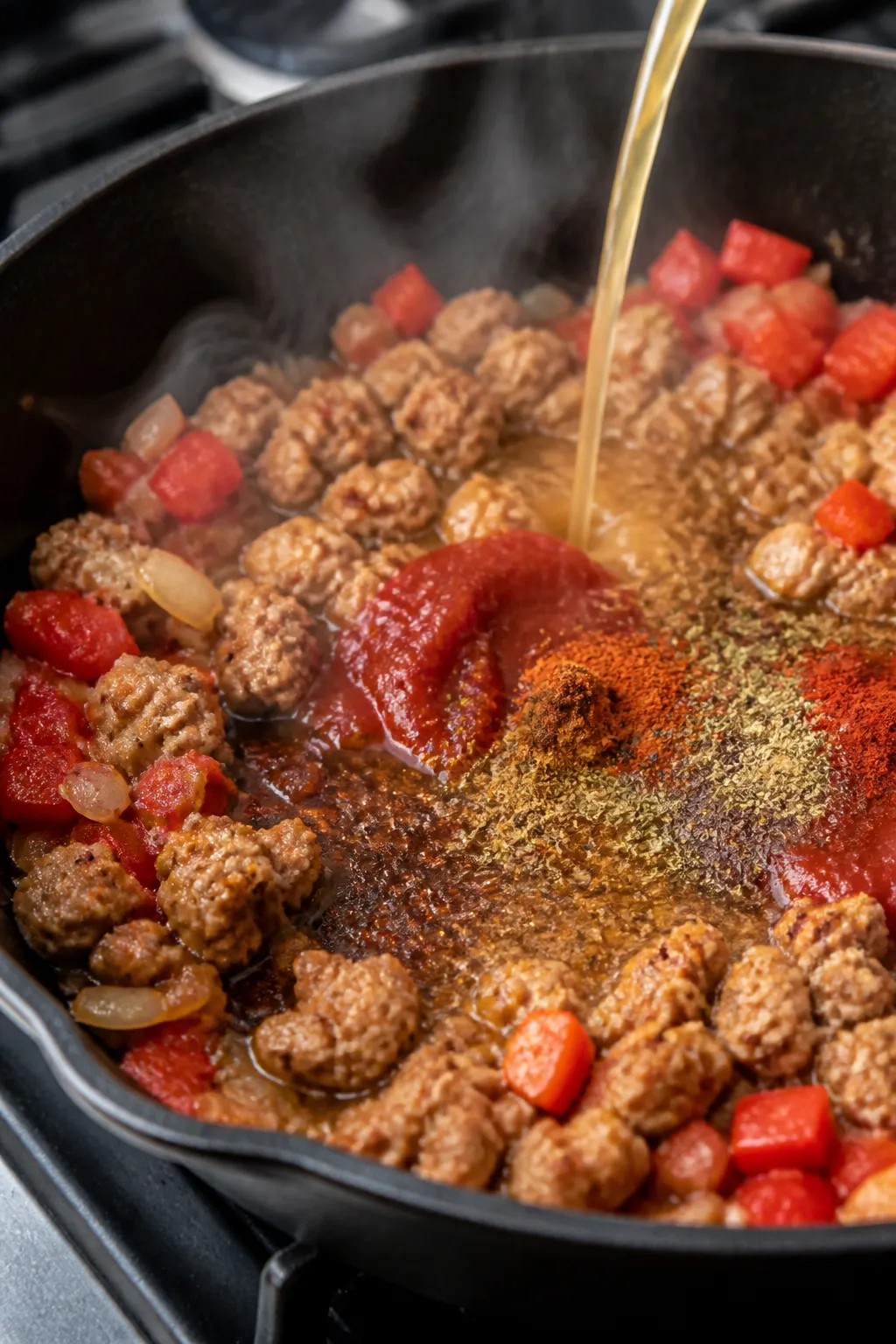 Cooking process, close-up detail: Ground turkey browning in a wide cast-iron skillet with sautéed d