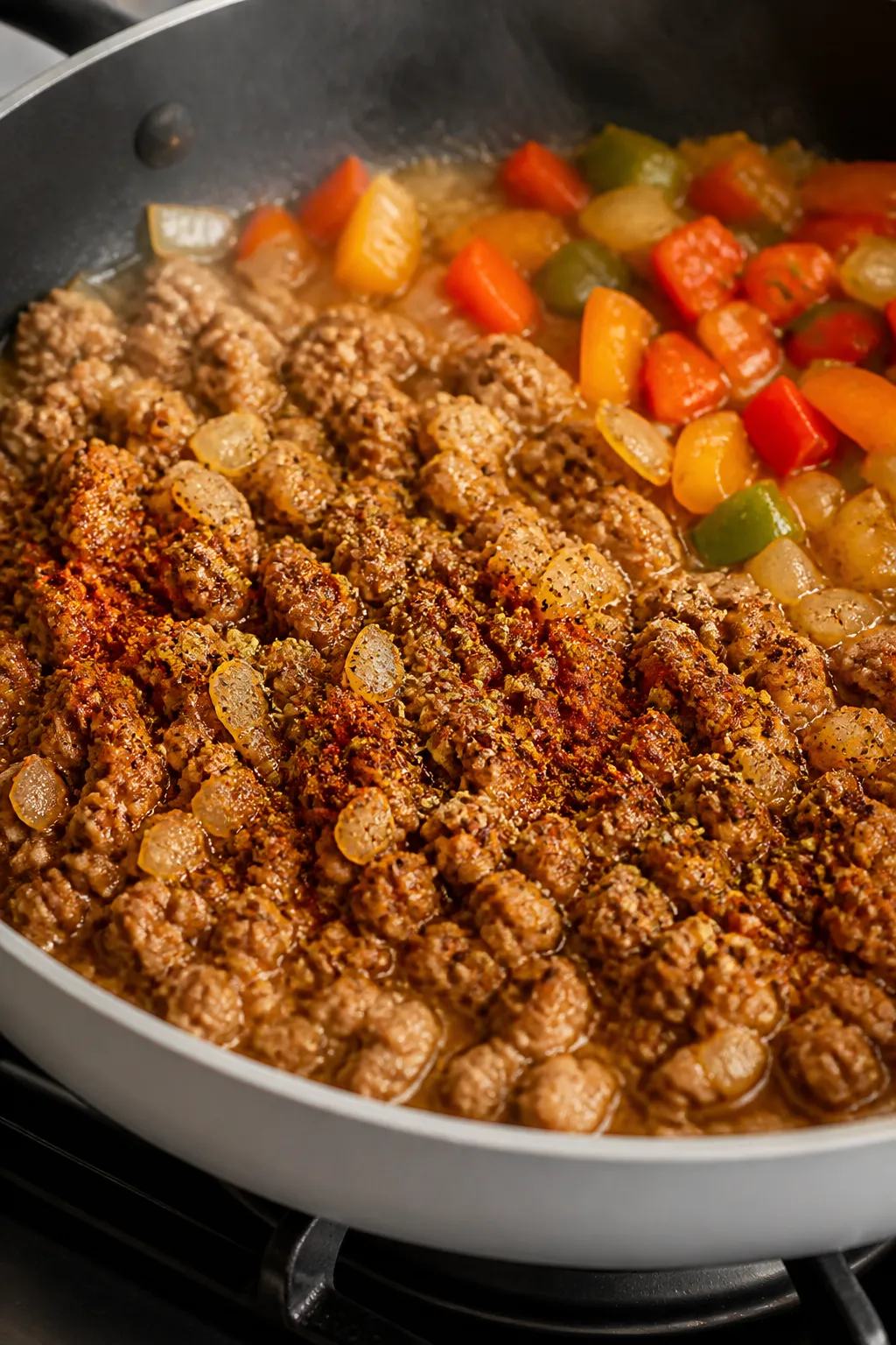 Cooking process, close-up detail: Ground turkey sizzling in a wide skillet with softened diced bell 