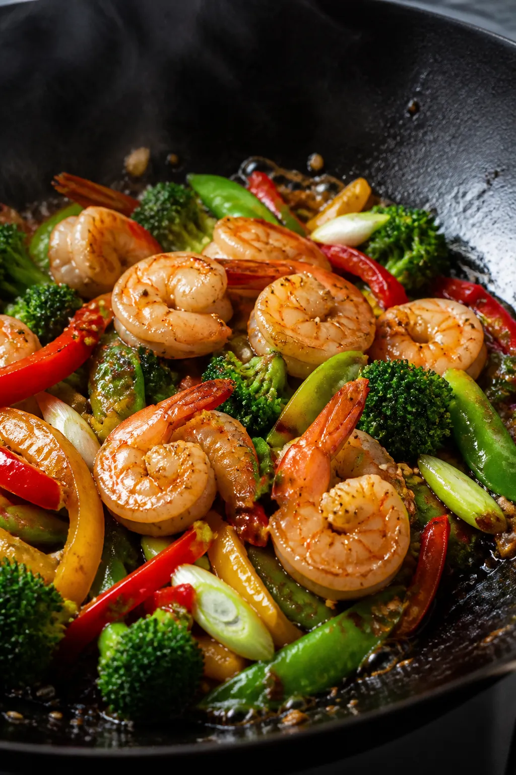 Cooking process, close-up detail: Sear-kissed shrimp in a wok mid-stir-fry, pink and just opaque wit