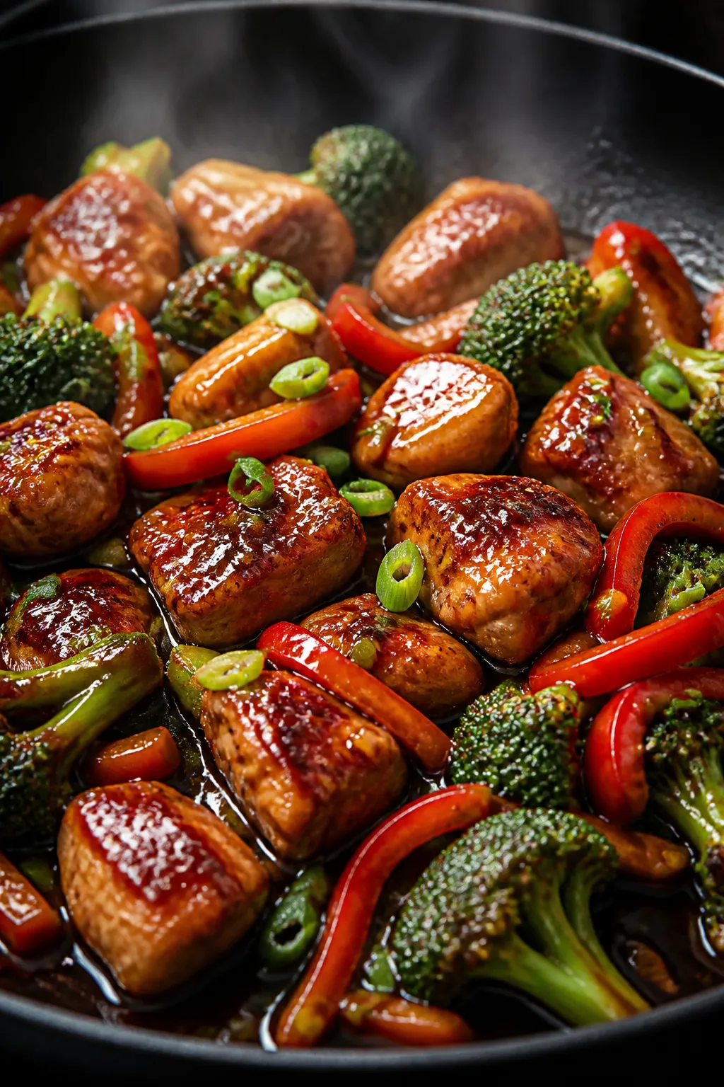 Cooking process, close-up detail: Searing bite-size chicken thighs in a large skillet, glossy teriya
