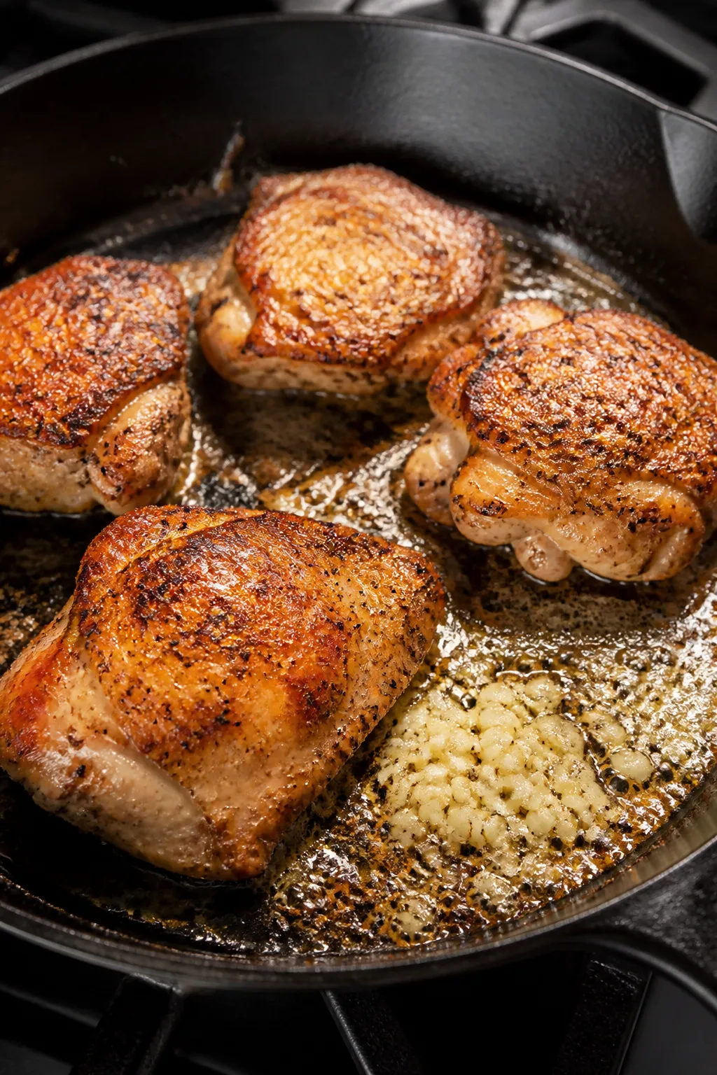 Cooking process, close-up detail: Searing boneless, skinless chicken thighs in a large cast-iron ski