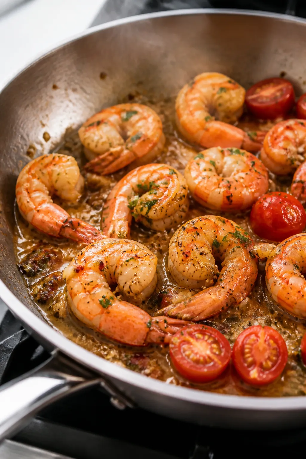 Cooking process, close-up detail: Searing garlic butter shrimp in a stainless steel skillet, shrimp