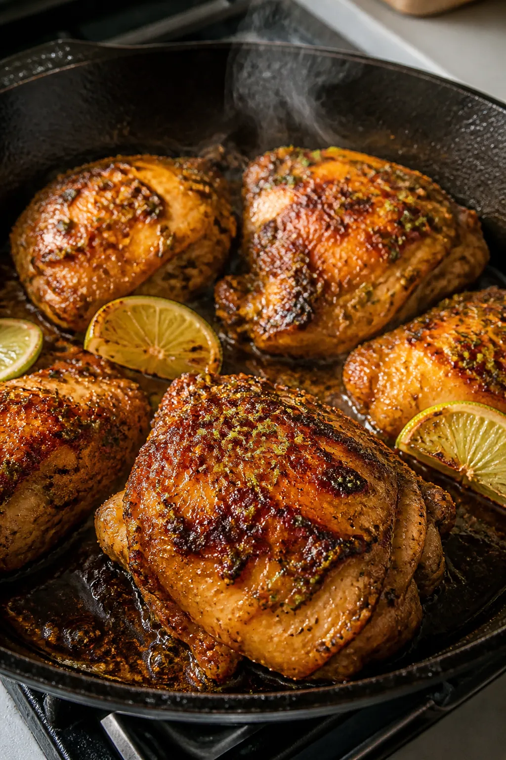 Cooking process, close-up detail: Searing garlic-lime marinated chicken thighs in a hot skillet, dee