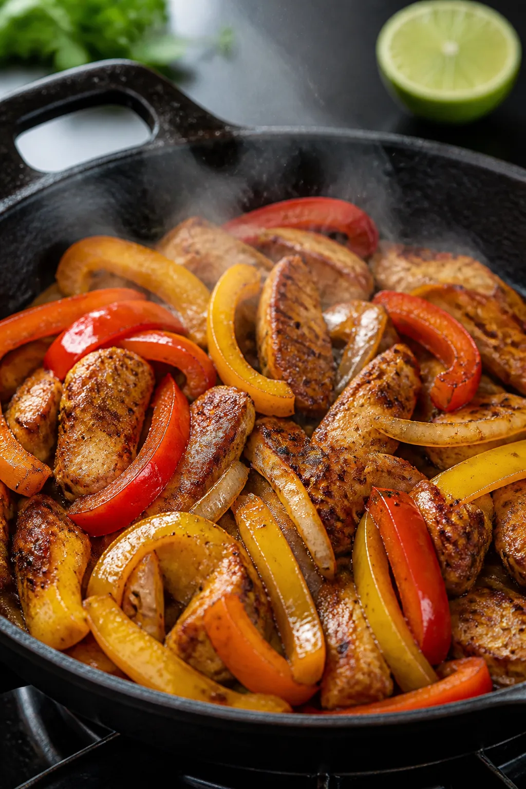 Cooking process, close-up detail: Sizzling chicken fajitas in a large cast-iron skillet over medium-