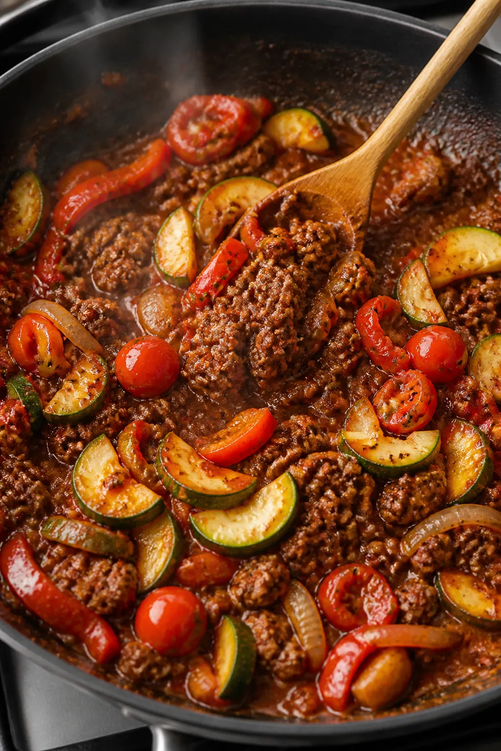 Cooking process, close-up detail: Sizzling ground beef and sautéed onions and red bell peppers in a