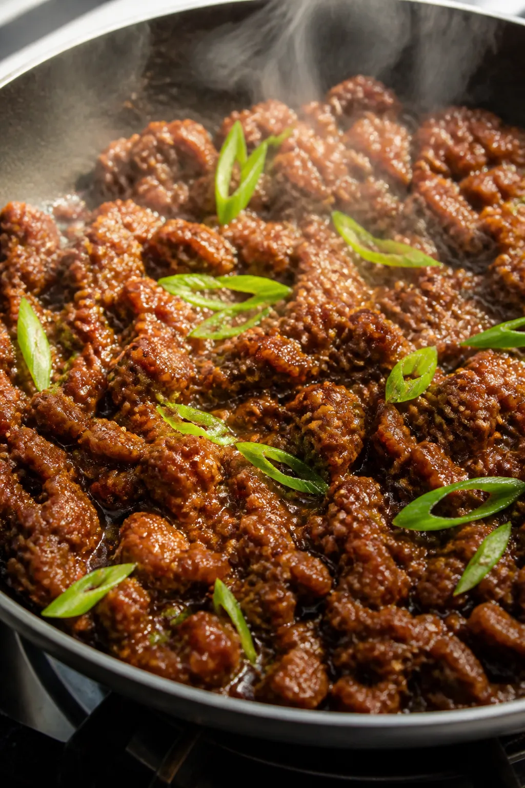 Cooking process, close-up detail: Sizzling Korean-style ground beef in a wide skillet, browned and c