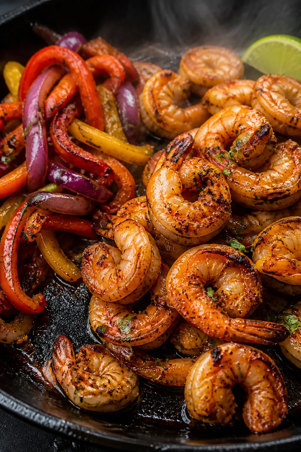 Cooking process, close-up detail: Sizzling shrimp fajitas in a large skillet, shrimp opaque and ligh