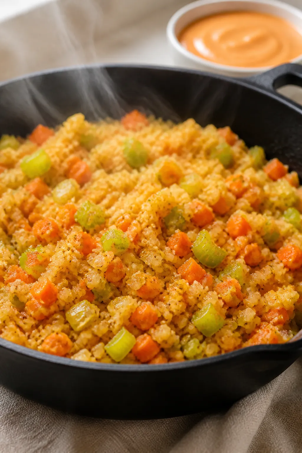 Cooking process, close-up detail: Steaming-hot skillet of sautéed celery, finely diced carrots, and