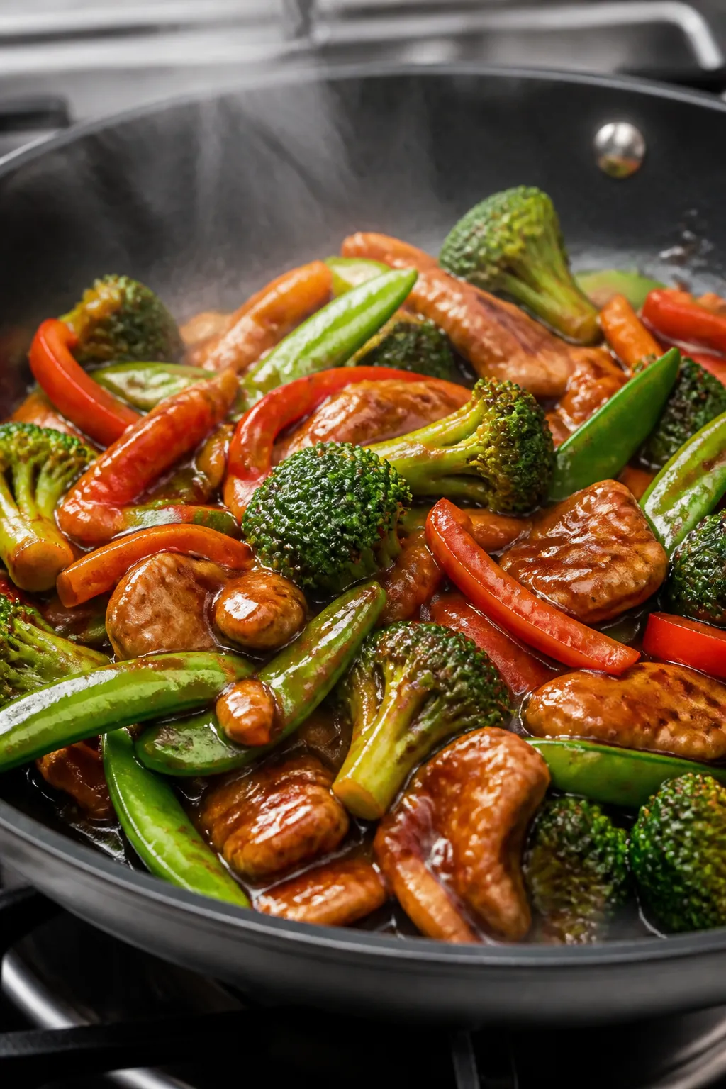 Cooking process close-up: Glossy teriyaki sauce thickening in a skillet with sautéed broccoli, carr