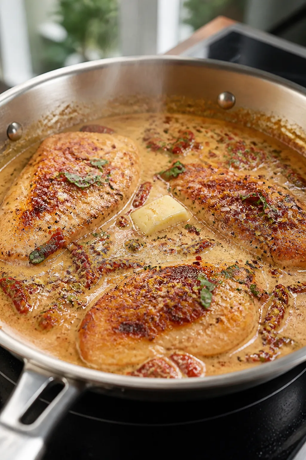 Cooking process close-up: Golden-seared chicken breasts nestled back into a simmering sun-dried toma