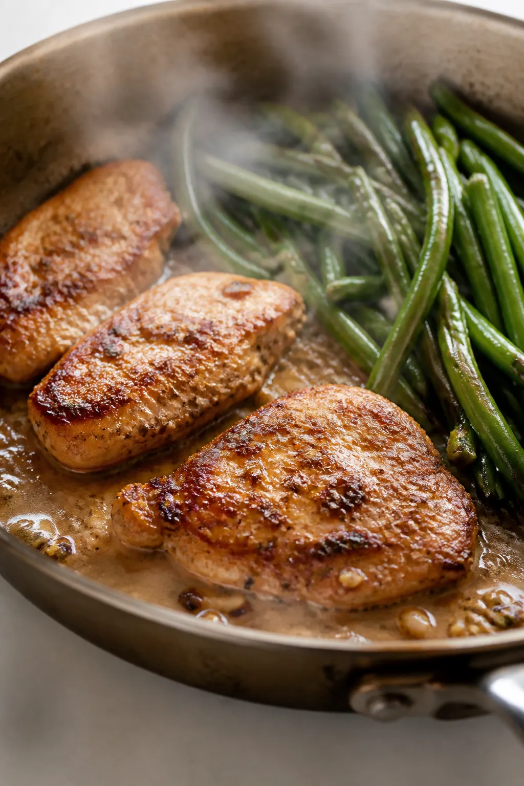 Cooking process, close-up: Golden seared chicken cutlets nestled beside blistered, crisp-tender gree