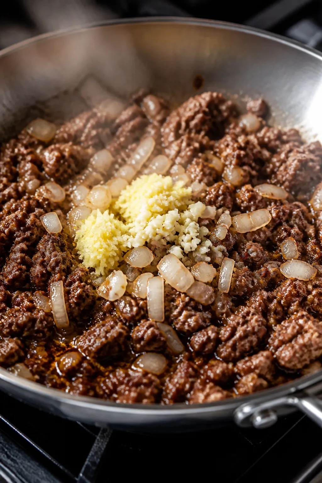 Cooking process close-up: Ground beef browning in a wide stainless skillet, deep caramelized edges a