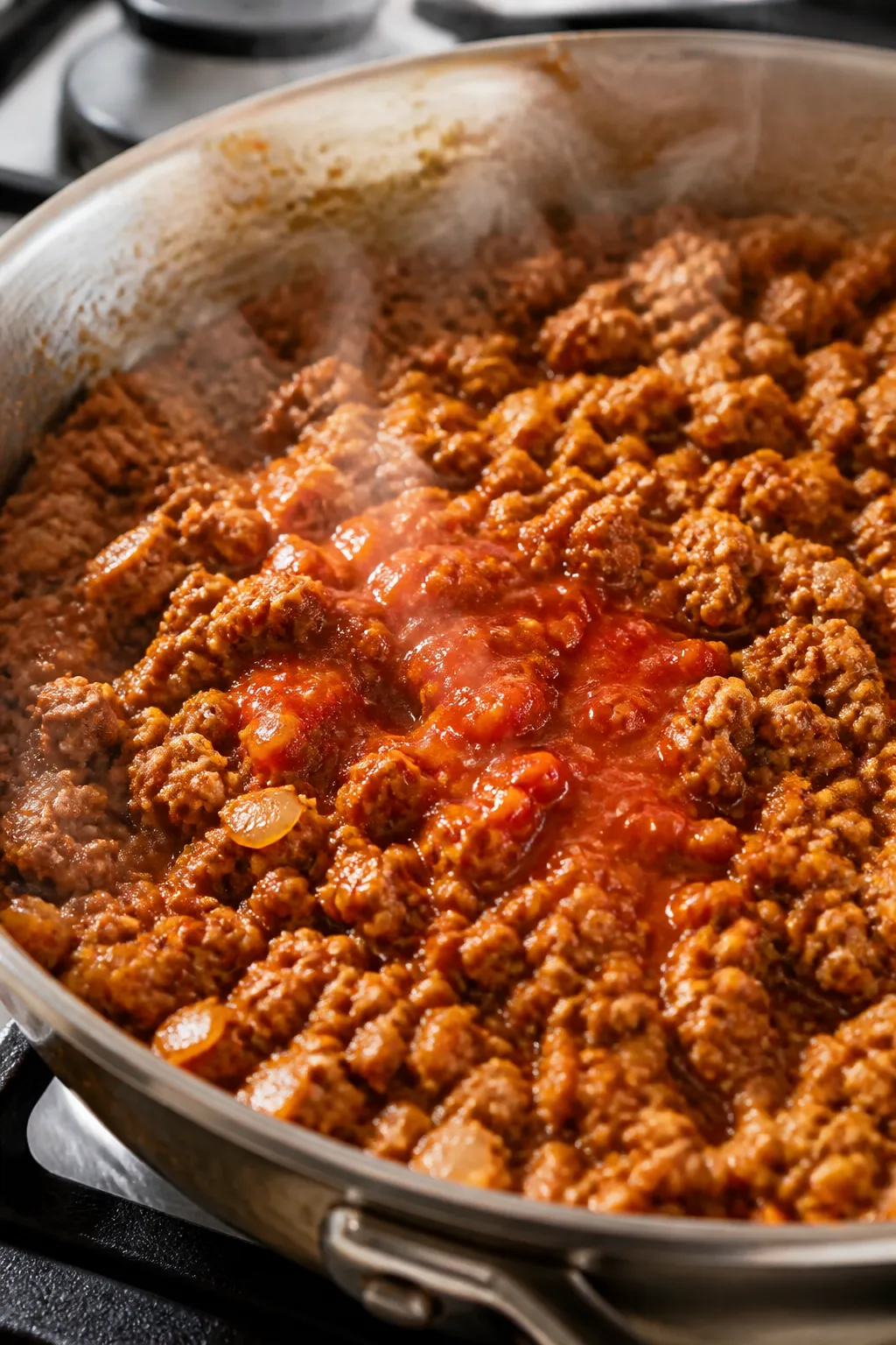 Cooking process close-up: Ground turkey browning in a wide stainless skillet with diced golden onion