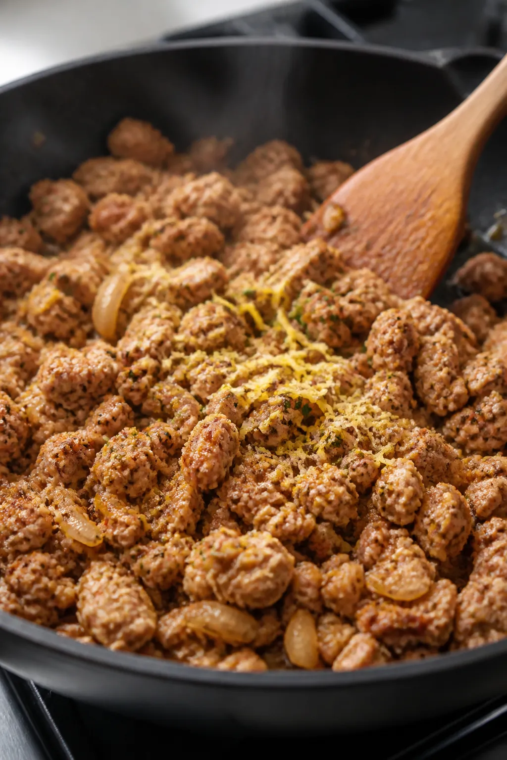 Cooking process close-up: Ground turkey browning in a large skillet after sautéing onions and garli