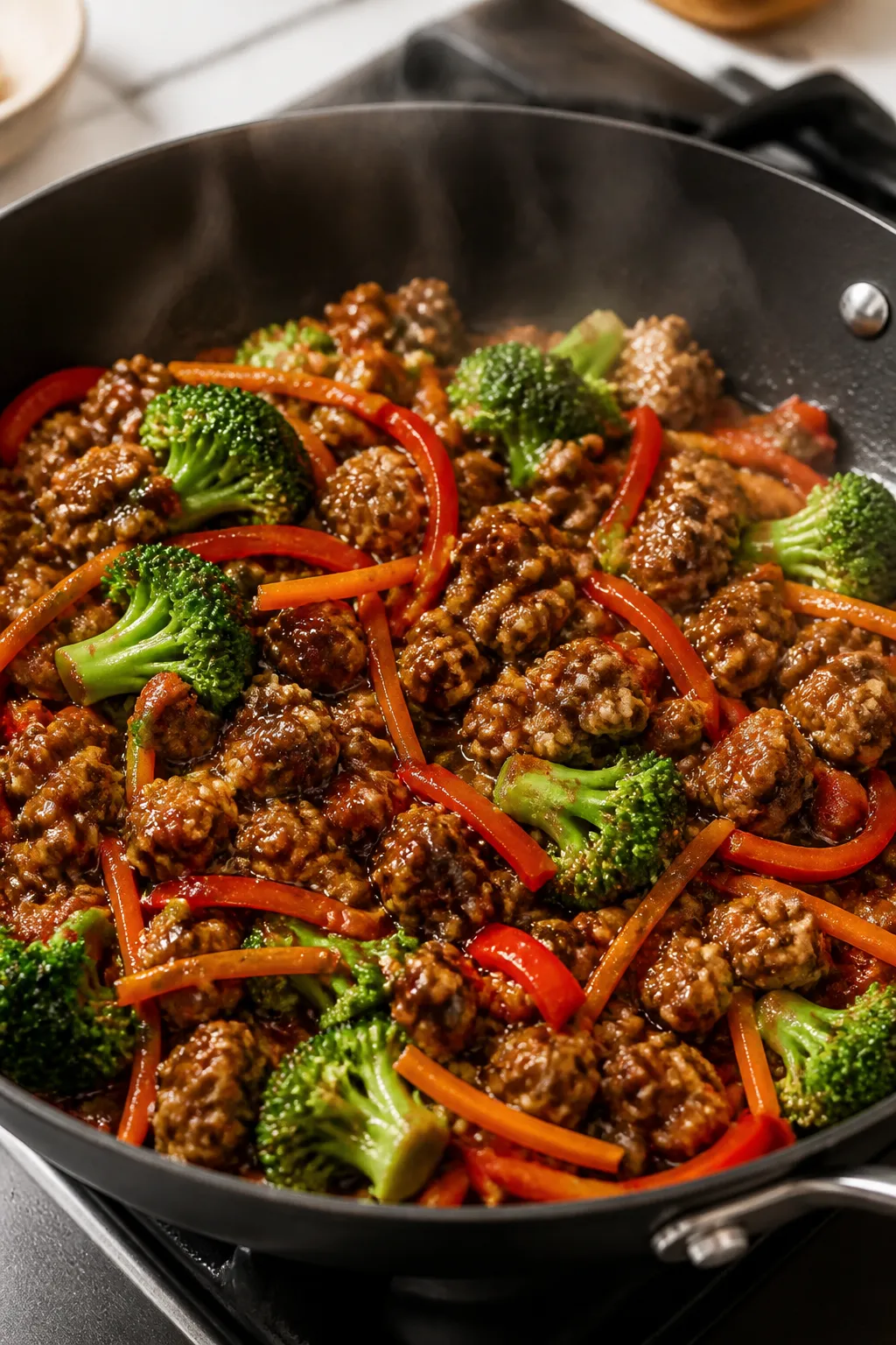Cooking process close-up: Ground turkey browning in a large skillet with glossy teriyaki sauce just