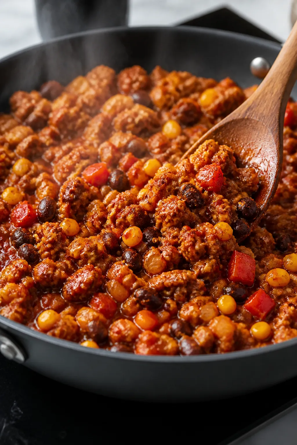 Cooking process, close-up: Ground turkey enchilada mixture simmering in a large skillet, saucy and s