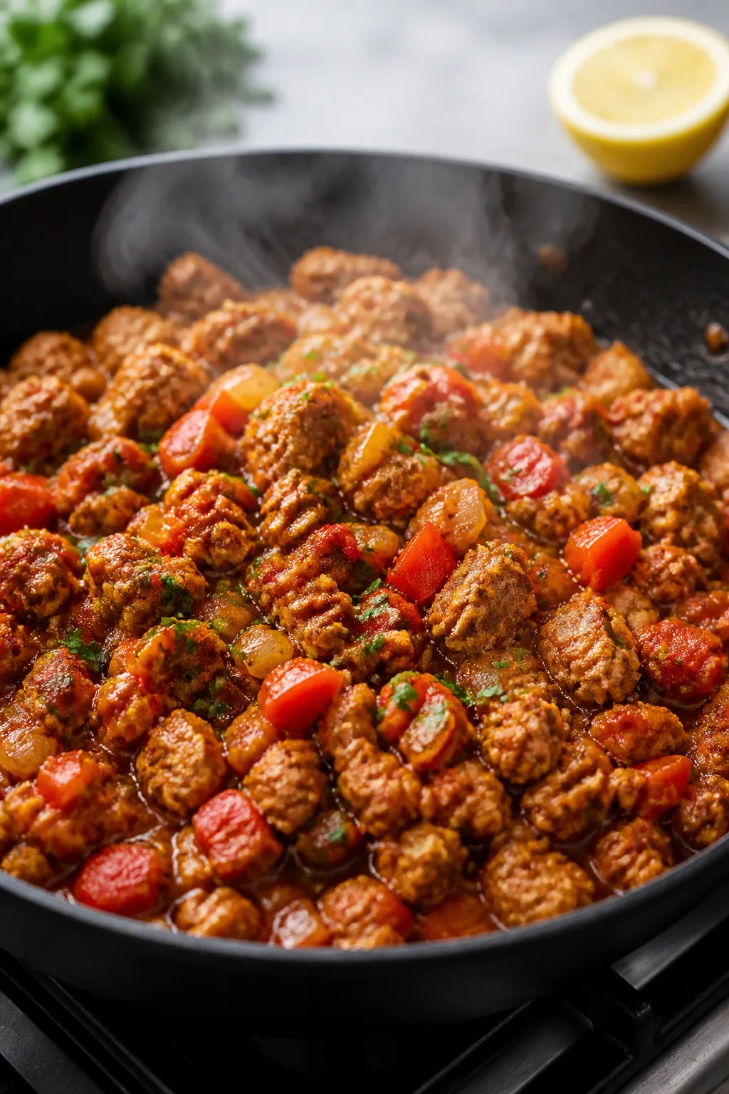 Cooking process close-up: Ground turkey sizzling in a large skillet with diced yellow onion and red