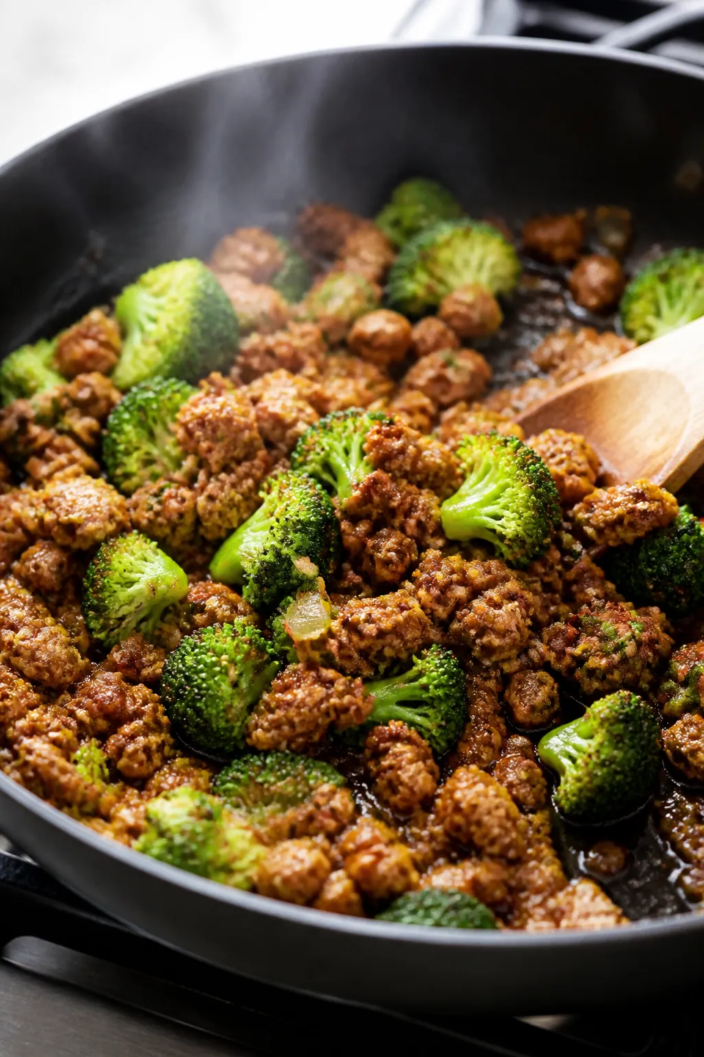 Cooking process, close-up: Lean ground turkey browning in a large skillet with softened golden onion