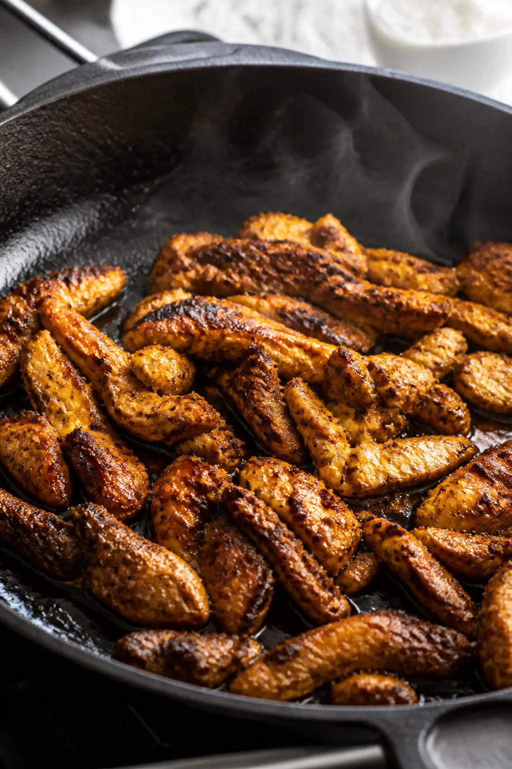 Cooking process close-up: Marinated chicken shawarma strips sizzling in a large cast-iron skillet, c