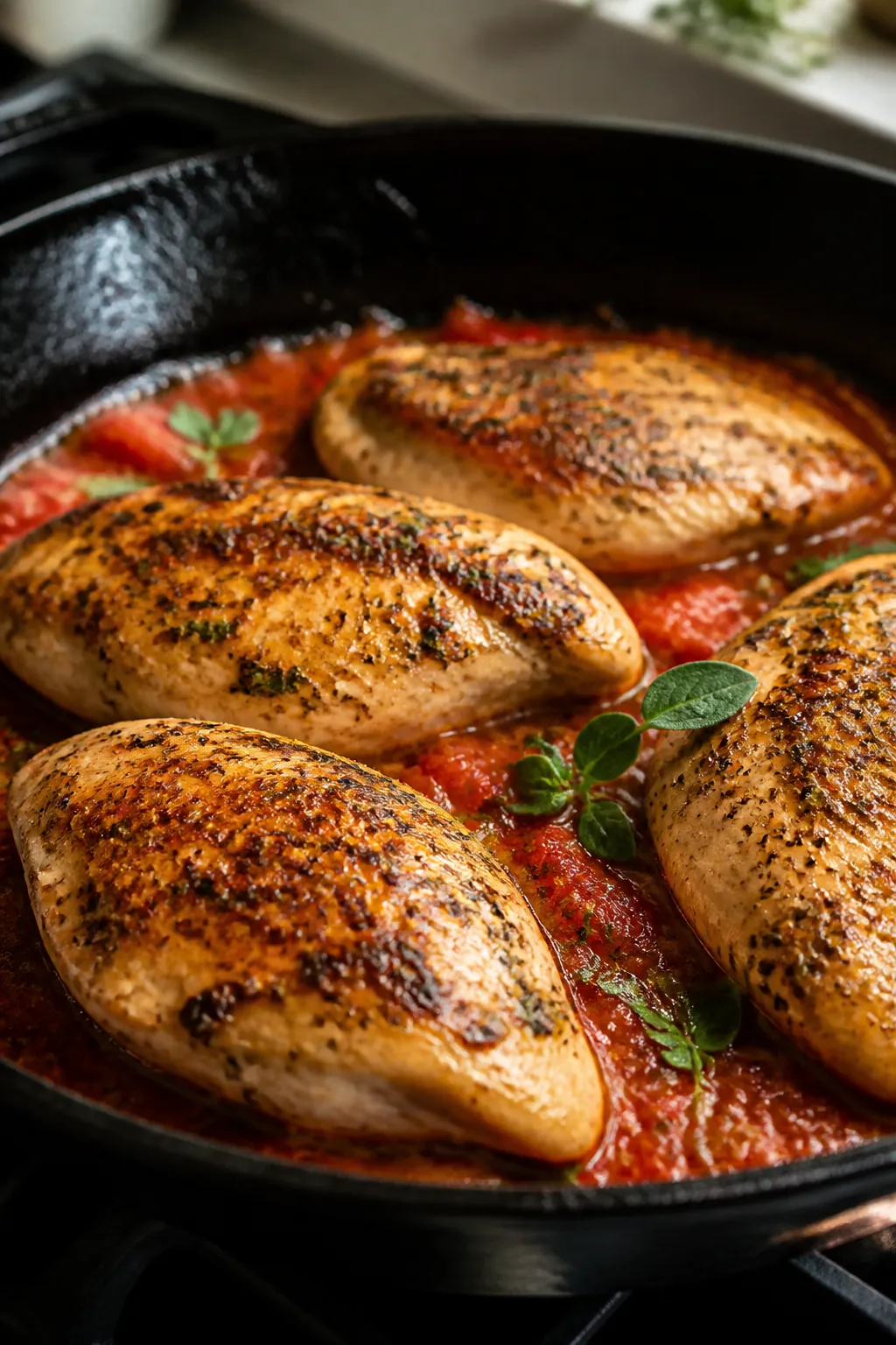 Cooking process, close-up: Searing seasoned chicken breasts in a cast-iron skillet for 1–2 minutes
