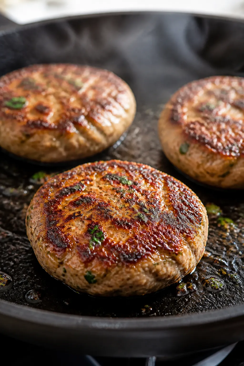 Cooking process close-up: Searing turkey burger patties in a cast-iron skillet, golden-brown crust f