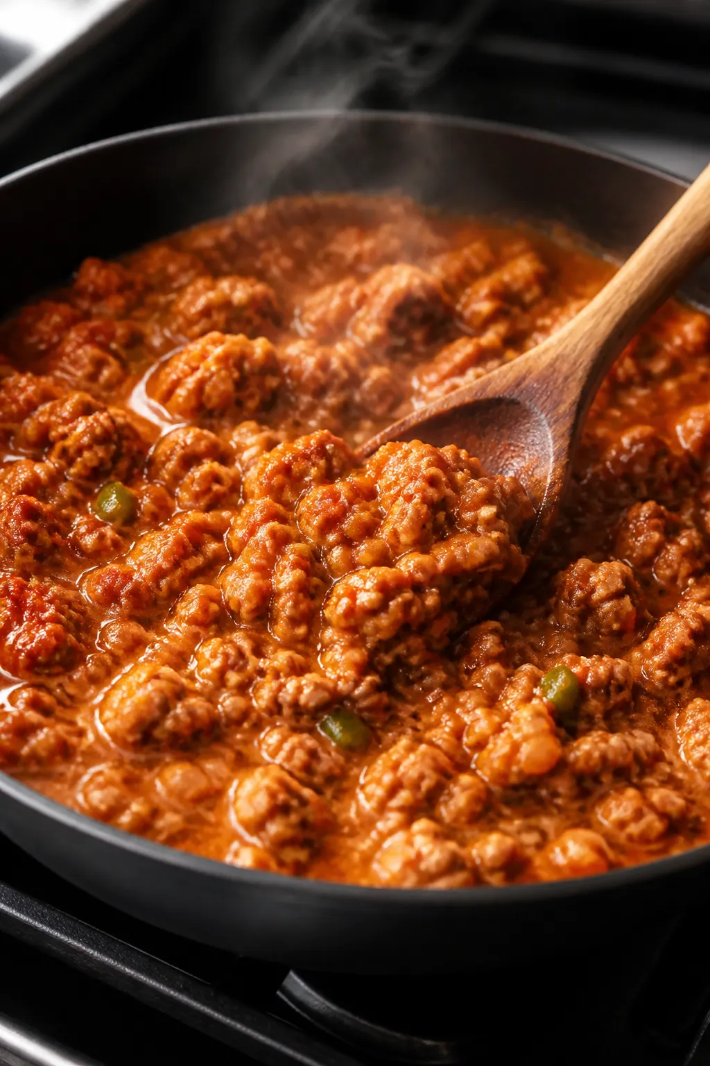 Cooking process close-up: Seasoned ground turkey simmering in a skillet with tomato paste and low-so