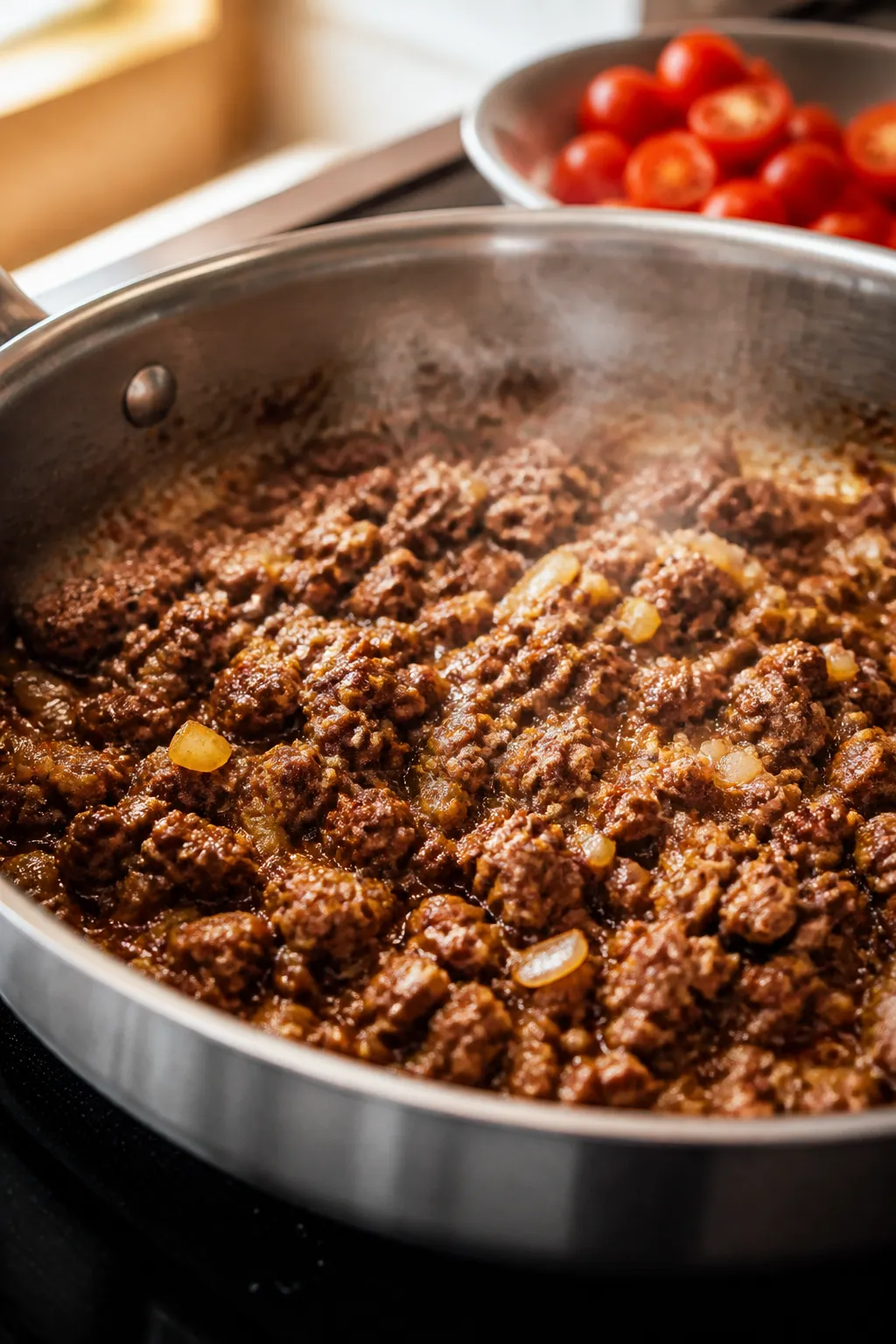 Cooking process close-up: Seasoned lean ground beef browning in a wide stainless skillet with soften