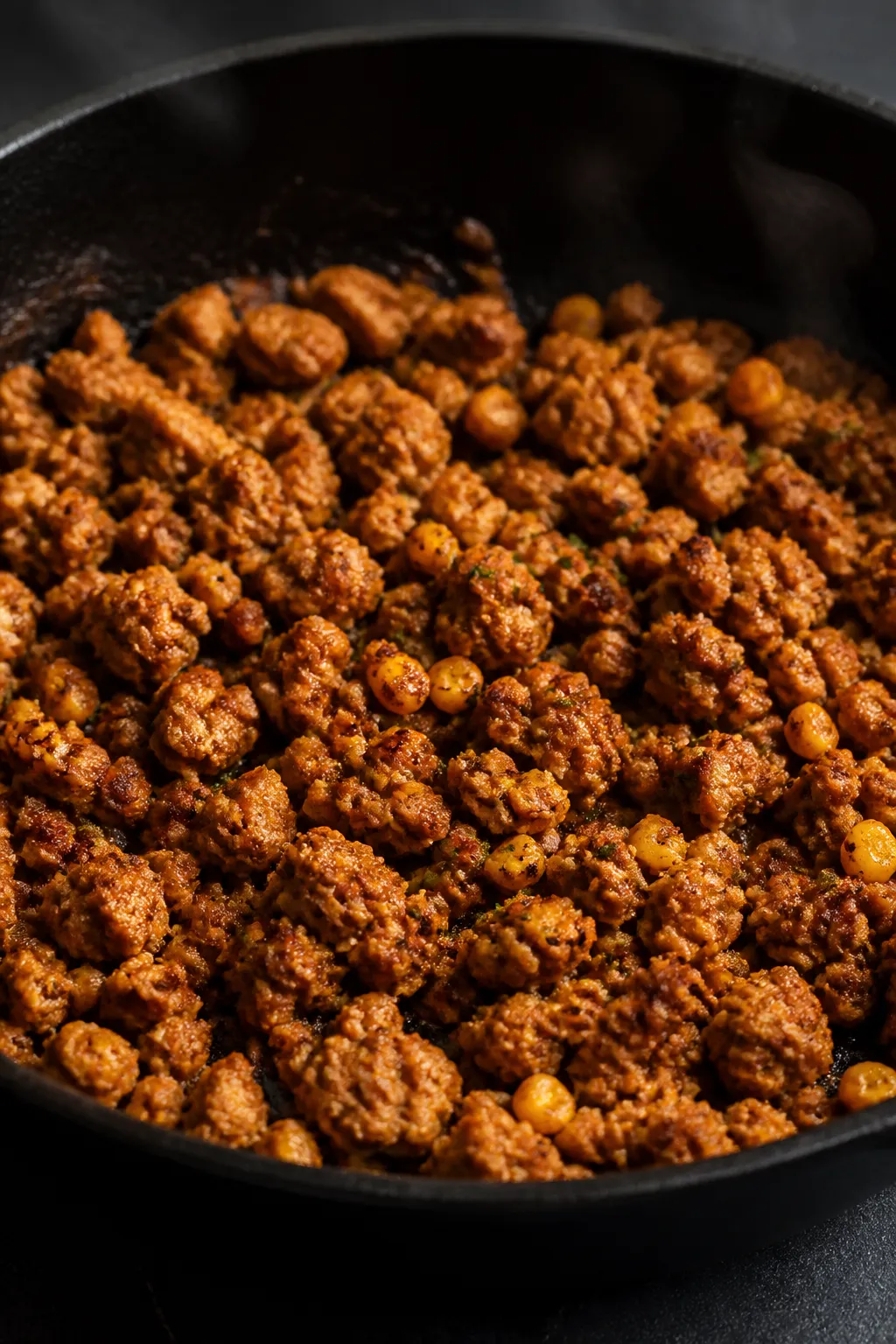Cooking process close-up: Seasoned lean ground turkey browning in a cast-iron skillet, crumbled and