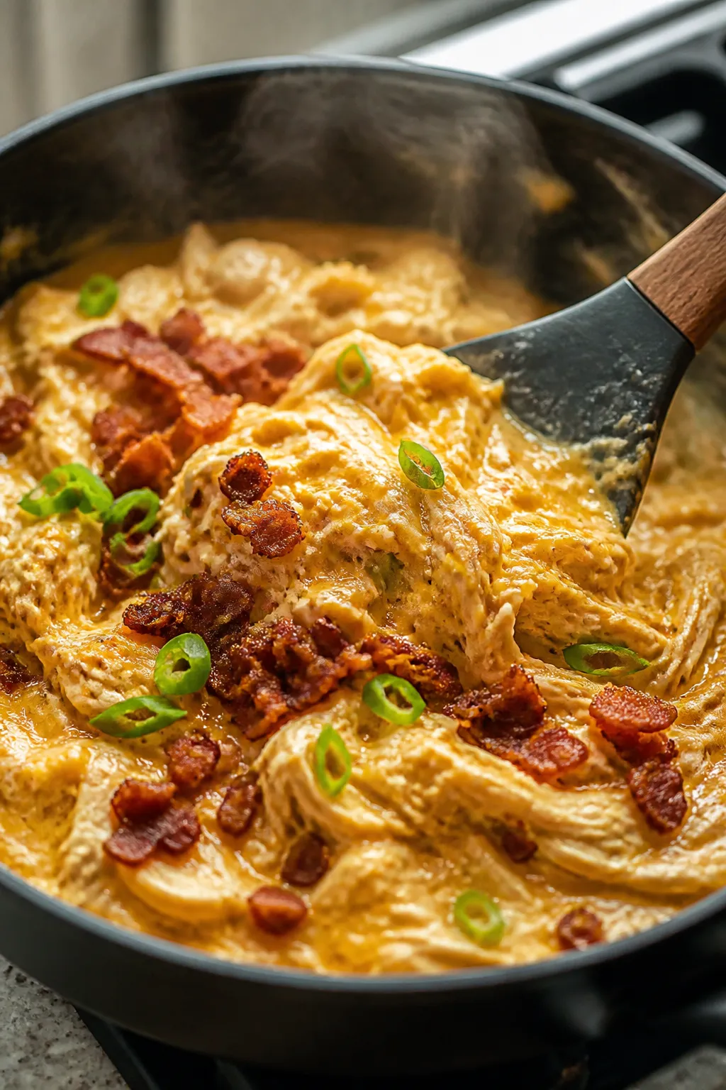 Cooking process, close-up: Shredded crack chicken simmering in a deep skillet, creamy melted cream c