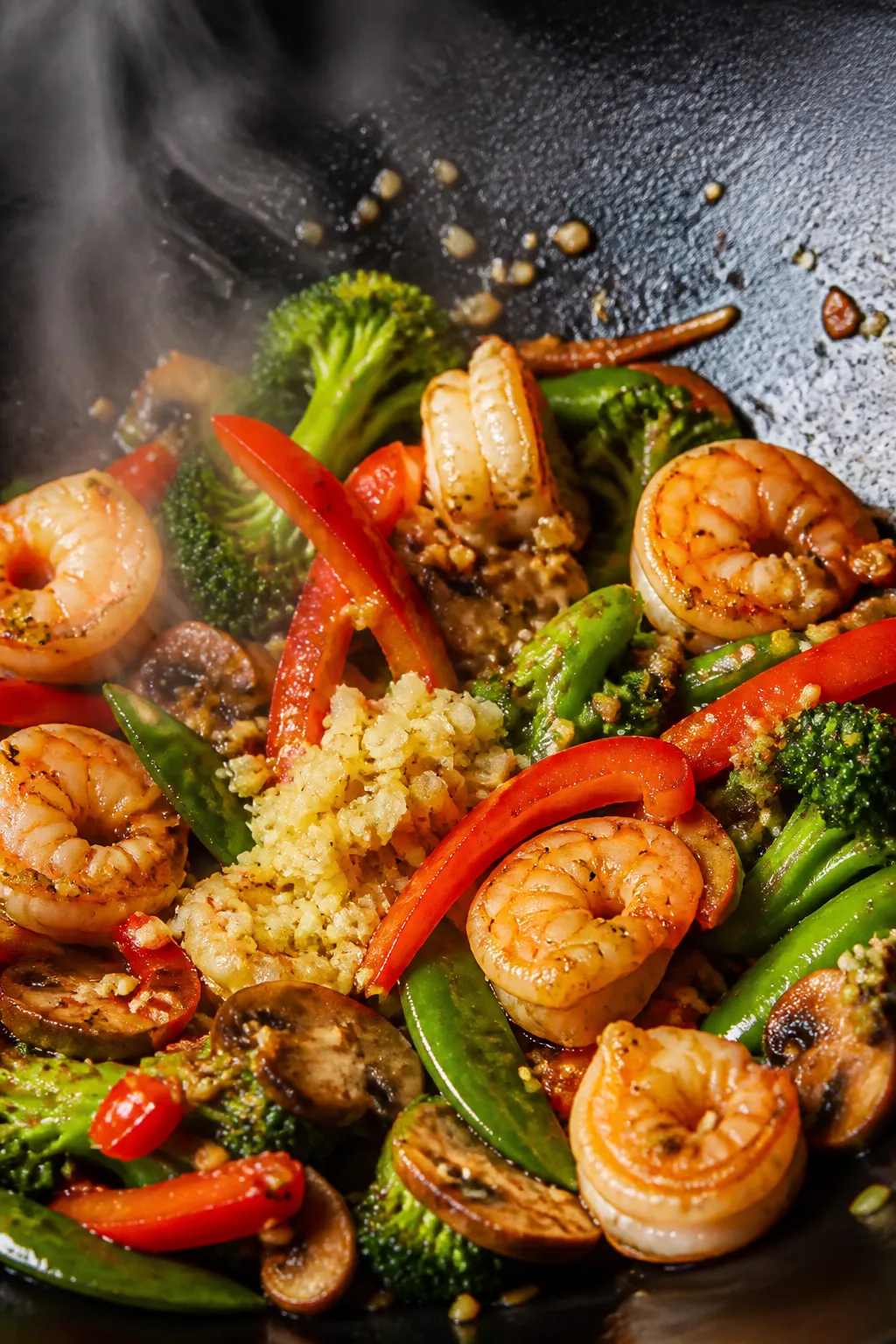 Cooking process close-up: Shrimp stir fry sizzling in a hot wok, shrimp just turned pink and slightl